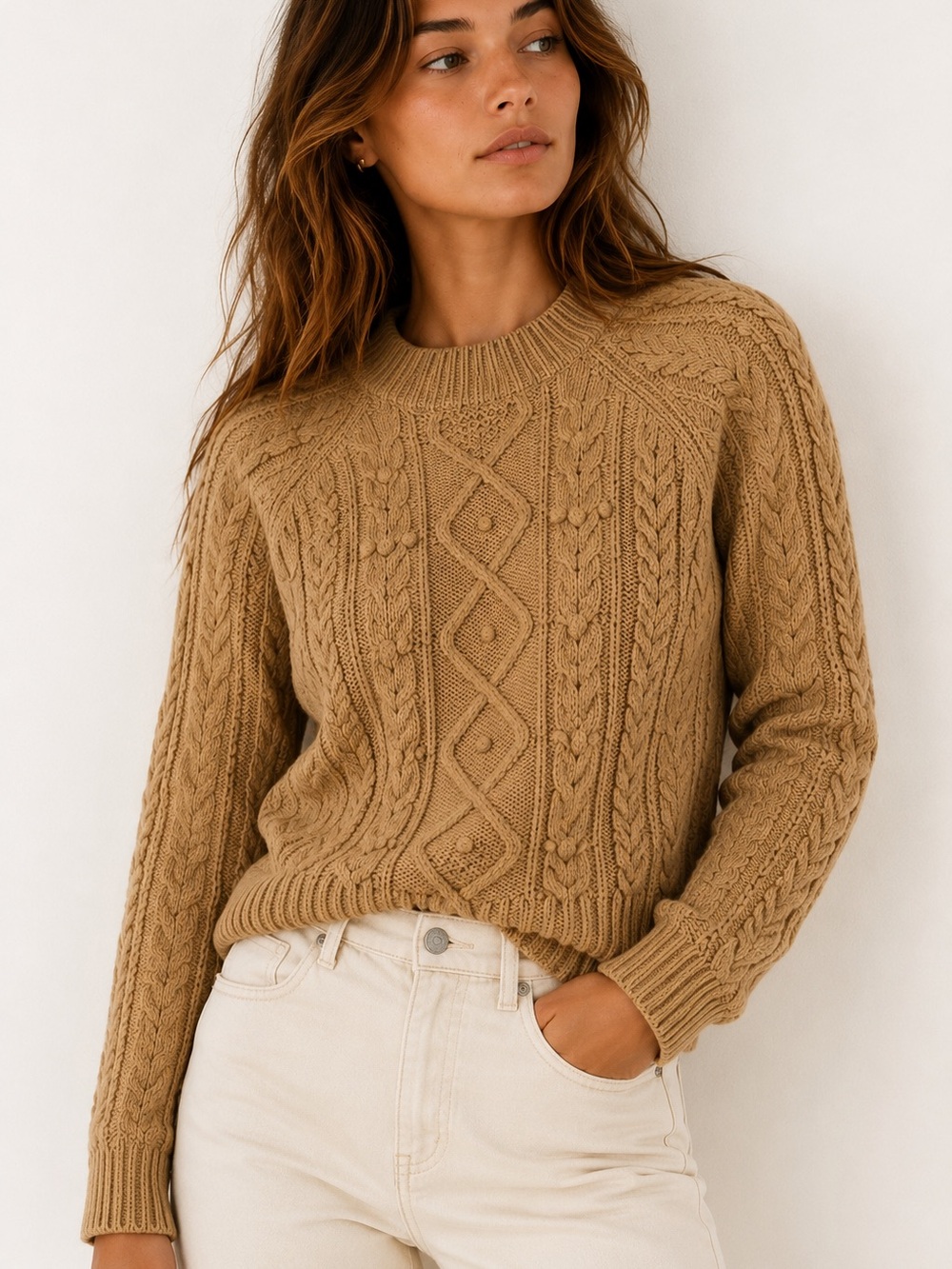 J.Crew Lambswool Blend Pom Pom Cable Knit Sweater XS Camel Minimalist